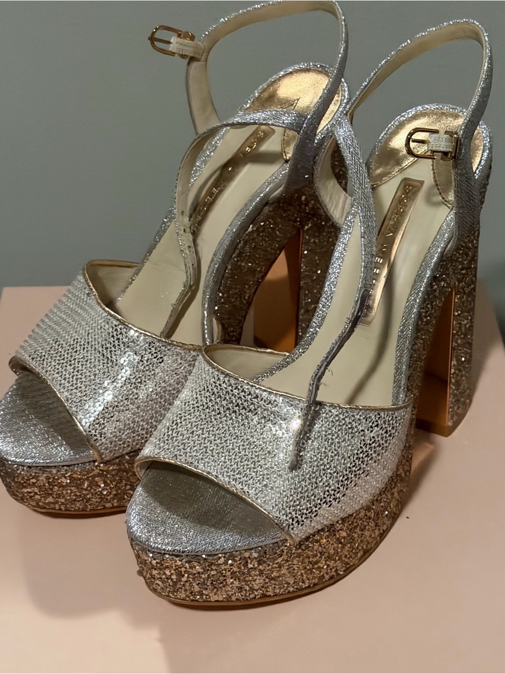 Sophia Webster Juju Platform Sandals Rose Gold & Peach Sequins Size 38